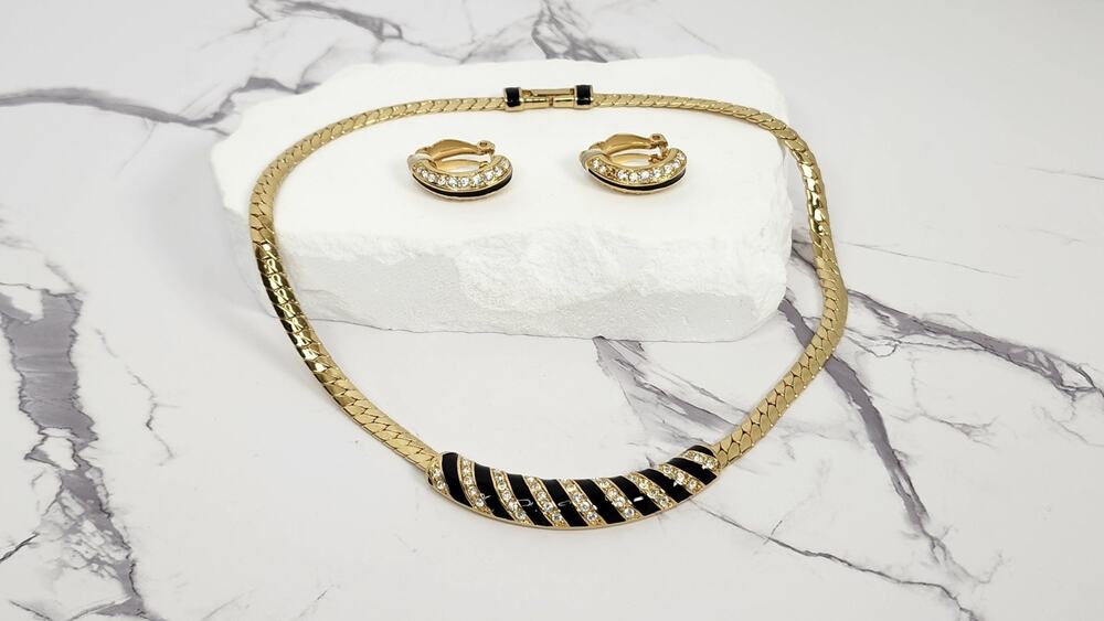 Vintage Swarovski Black Enamel Crystal Gold Plated Collar Necklace Earrings Set